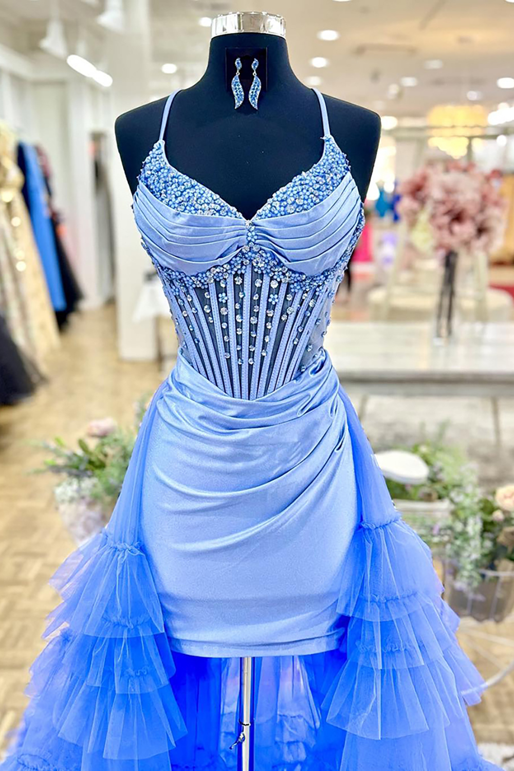 Sparkly Blue Beaded Tiered Tight Short Corset Homecoming Dress with Ruffles