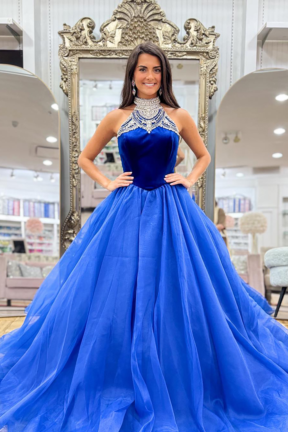 Sparkly Royal Blue Halter Neck Beaded A-Line Tulle Long Prom Dress