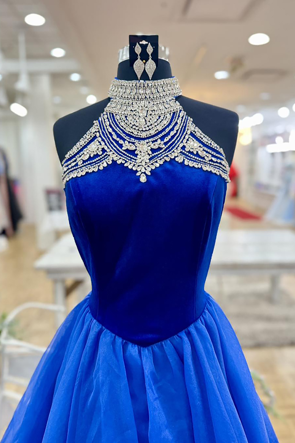 Sparkly Royal Blue Halter Neck Beaded A-Line Tulle Long Prom Dress