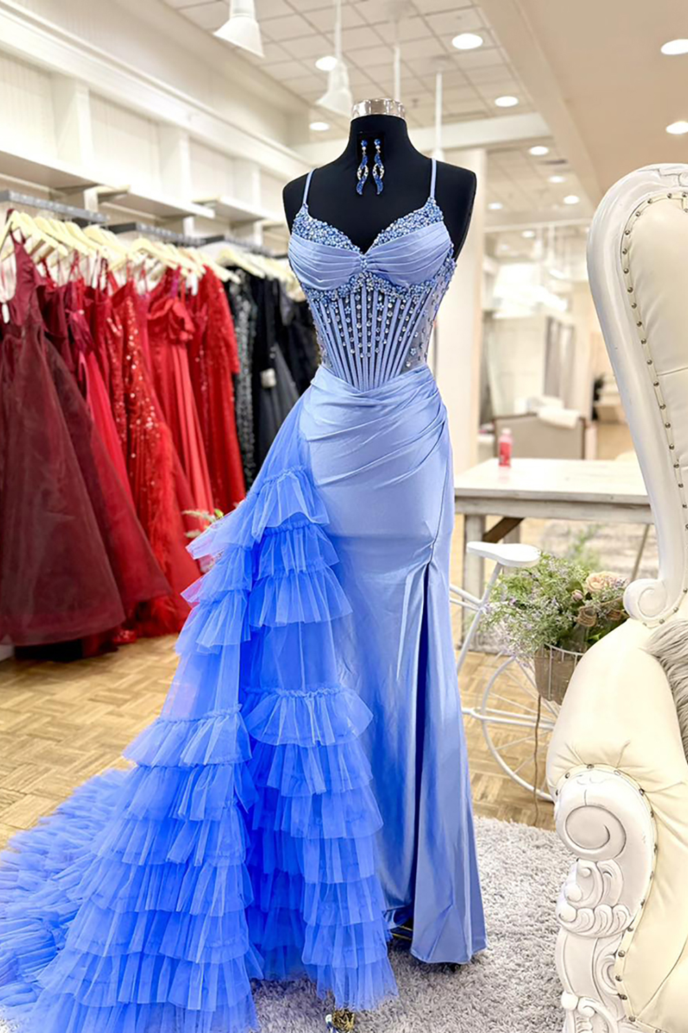Sparkly Blue Tiered Beaded Ruffled Mermaid Tulle Long Corset Prom Dress with Slit