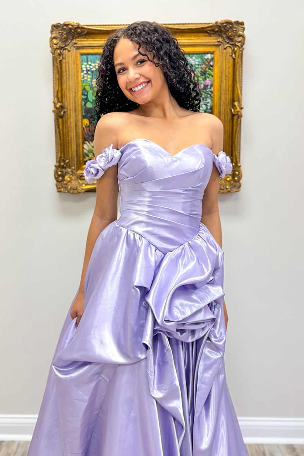 Lilac A-Line Off the Shoulder Long Prom Dress with 3D Flowers