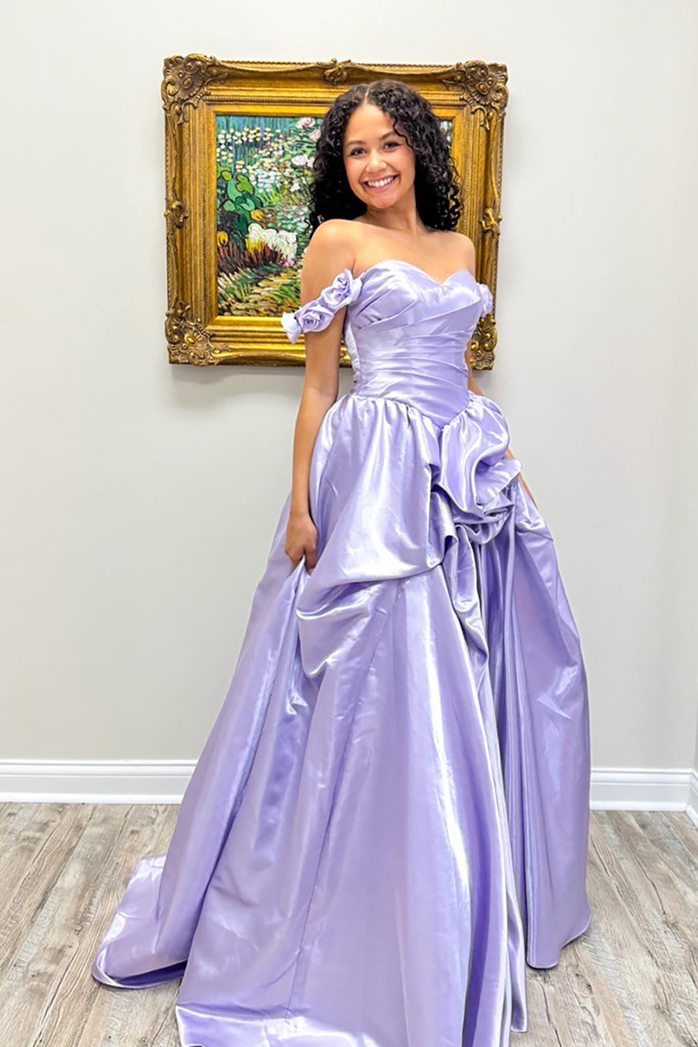 Lilac A-Line Off the Shoulder Long Prom Dress with 3D Flowers