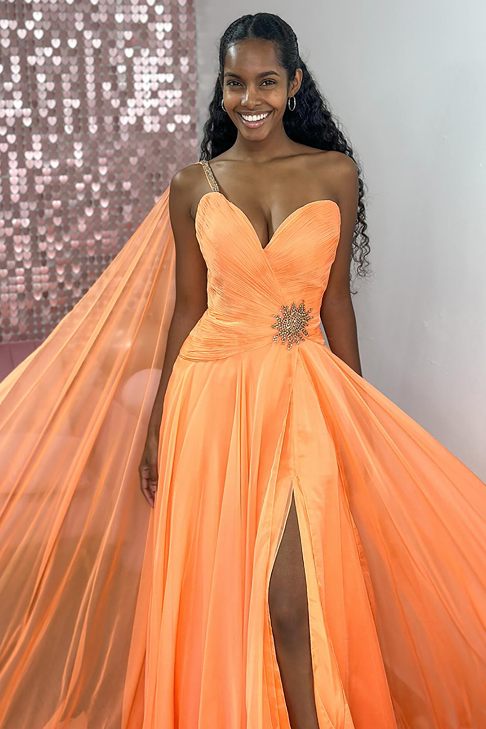 Sparkly Orange A-Line Sweetheart Beaded Long Prom Dress with Cape