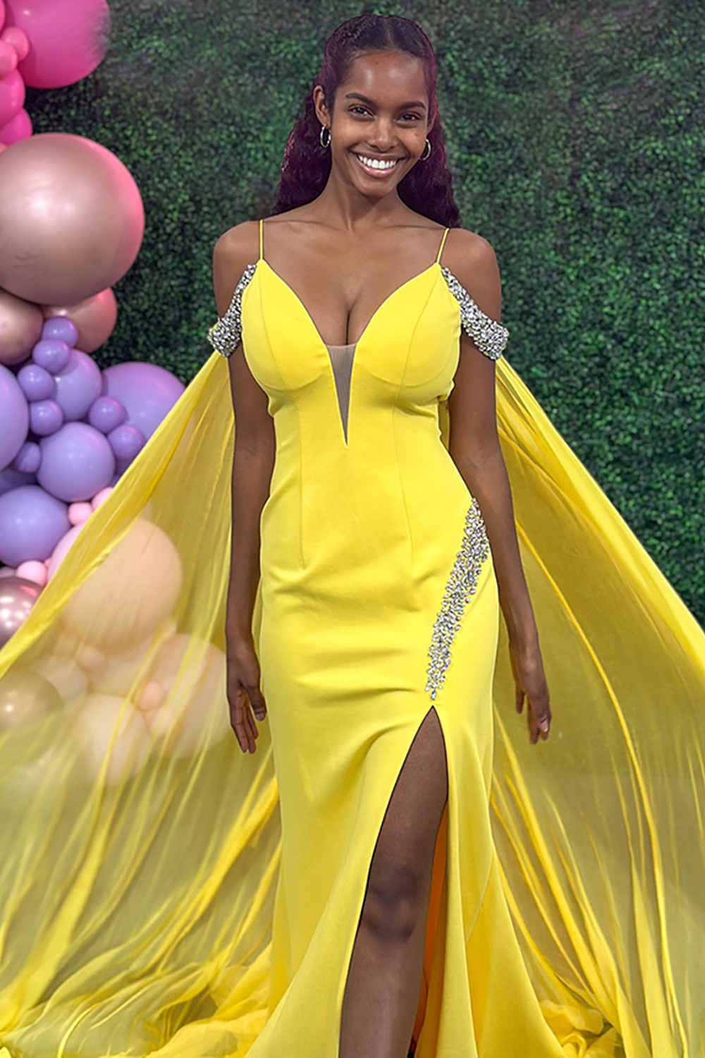 Sparkly Yellow mermaid Cold shoulder Beaded Long Prom Dress with Cape