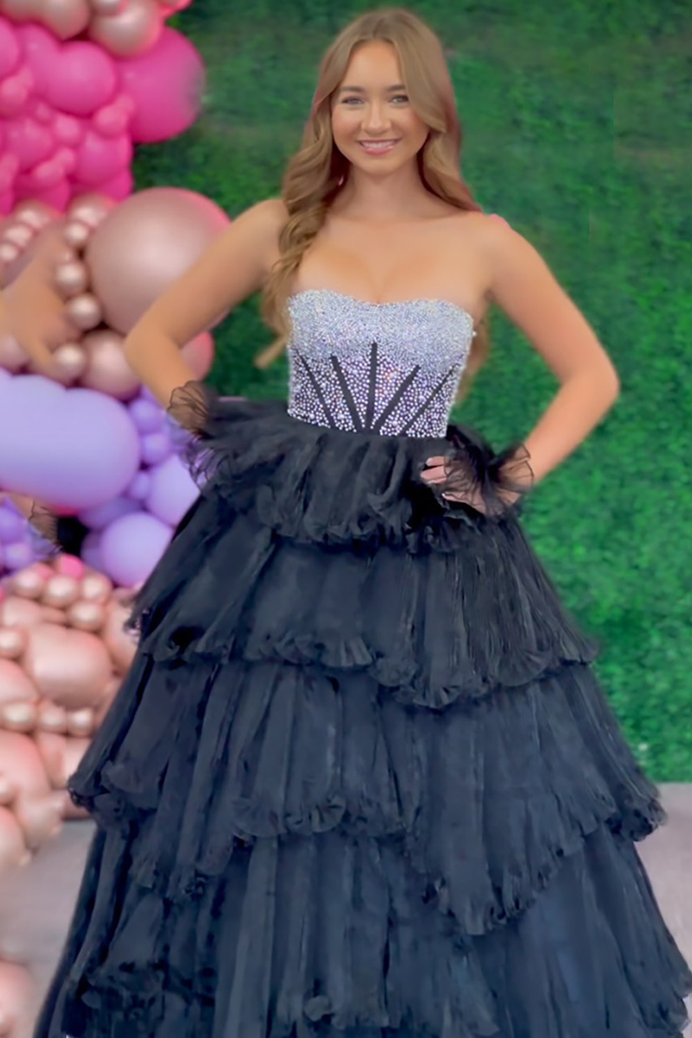 Sparkly Black Tiered Strapless Beaded Long Corset Prom Dress with Ruffles