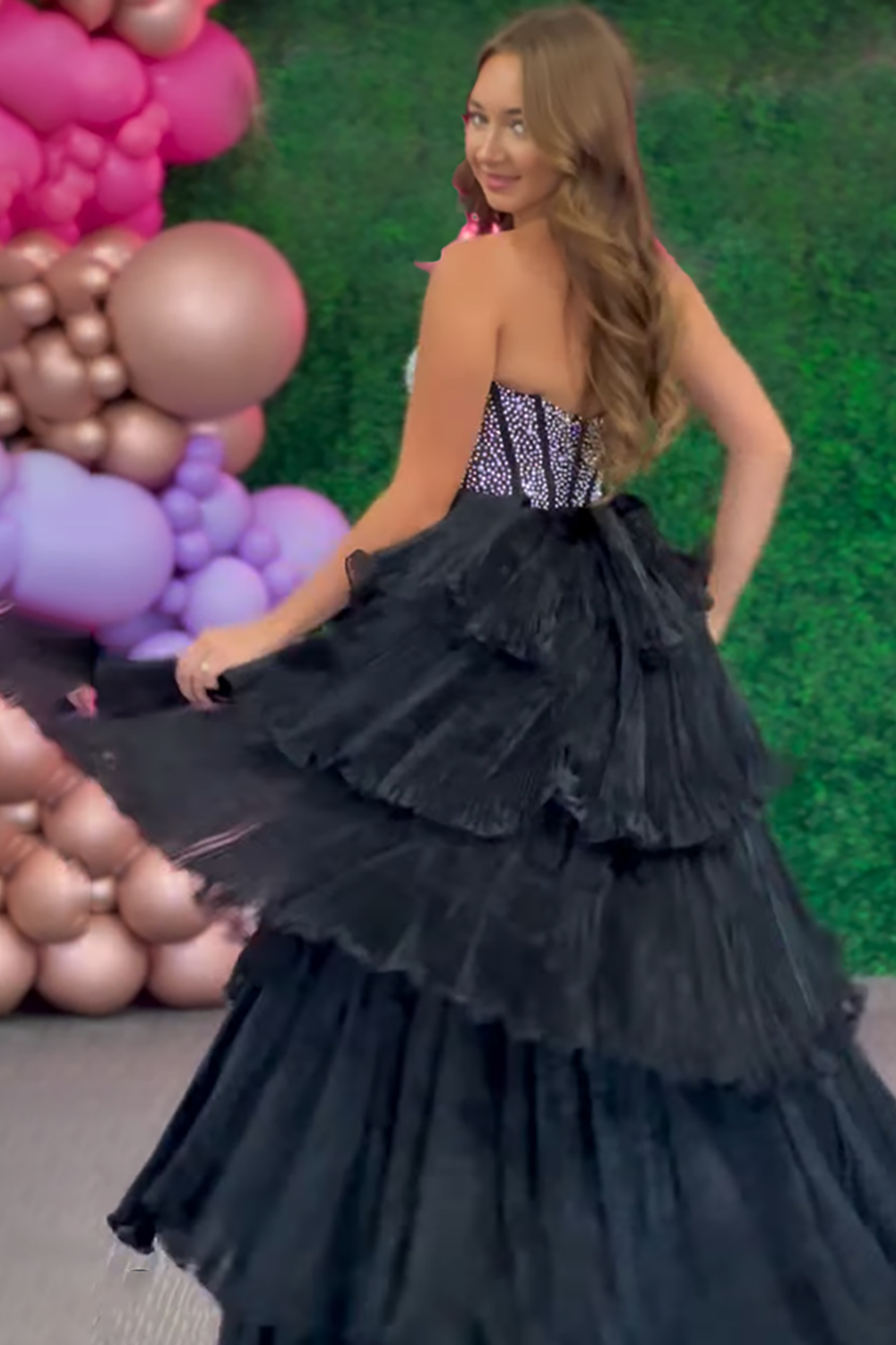 Sparkly Black Tiered Strapless Beaded Long Corset Prom Dress with Ruffles