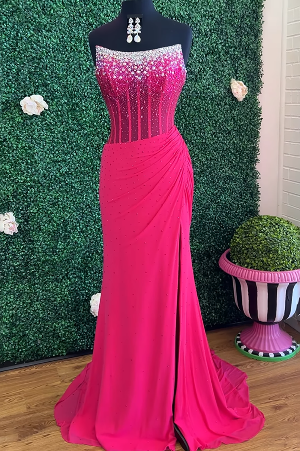 Sparkly Fuchsia Corset Beaded Mermaid Long Prom Dress with Slit