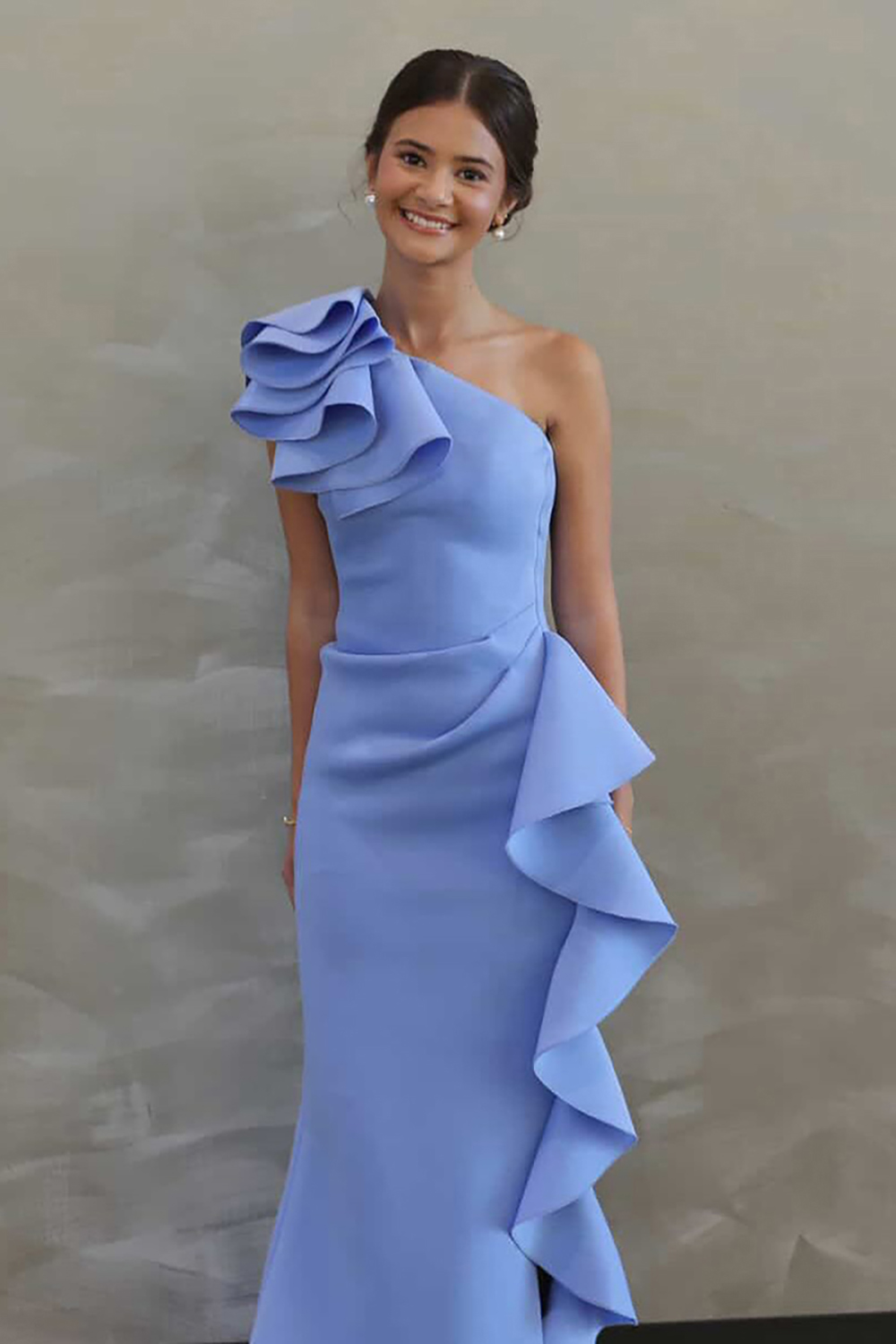 Blue Ruffled Mermaid One Shoulder Long Prom Dress