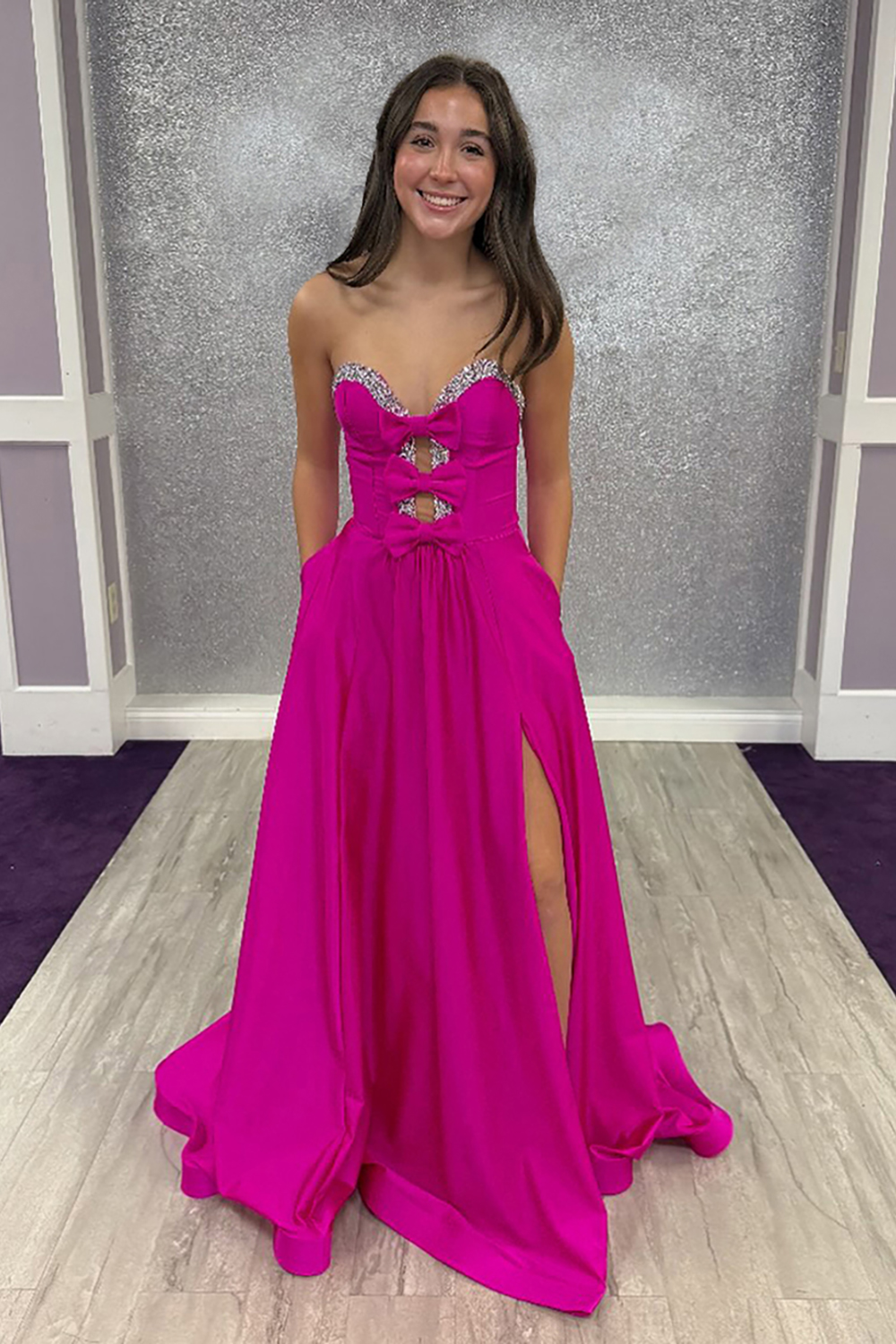 Sparkly Fuchsia Sweetheart Corset Long Prom Dress with Bows
