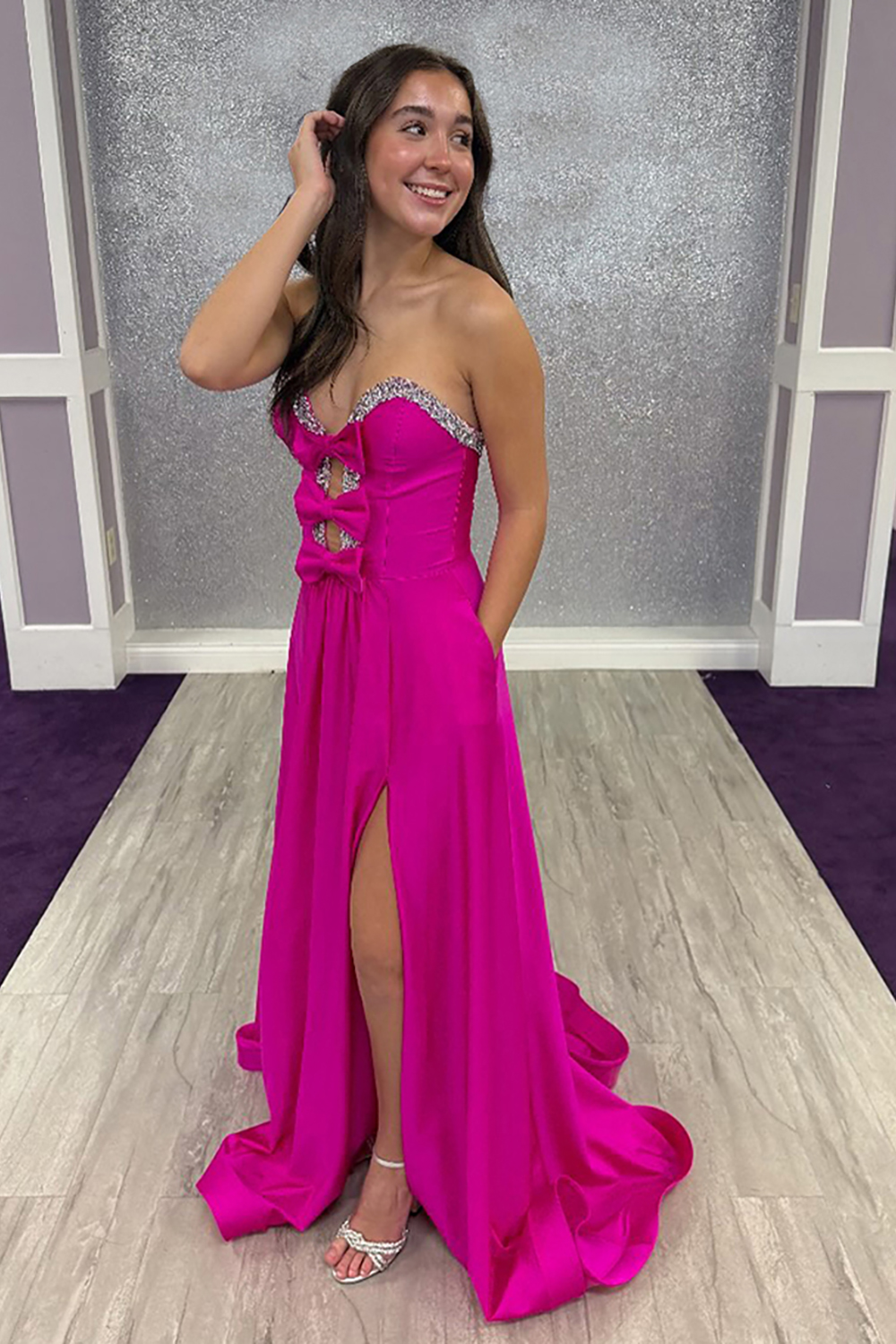 Sparkly Fuchsia Sweetheart Corset Long Prom Dress with Bows