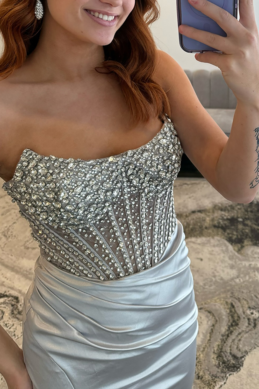 Sparkly Silver Corset Mermaid Beaded Long Prom Dress with Slit