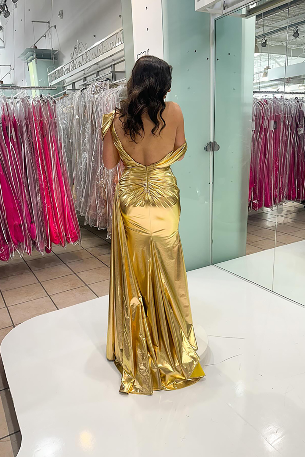 Gold Mermaid Metallic Ruched Long Prom Dress with Side Cape