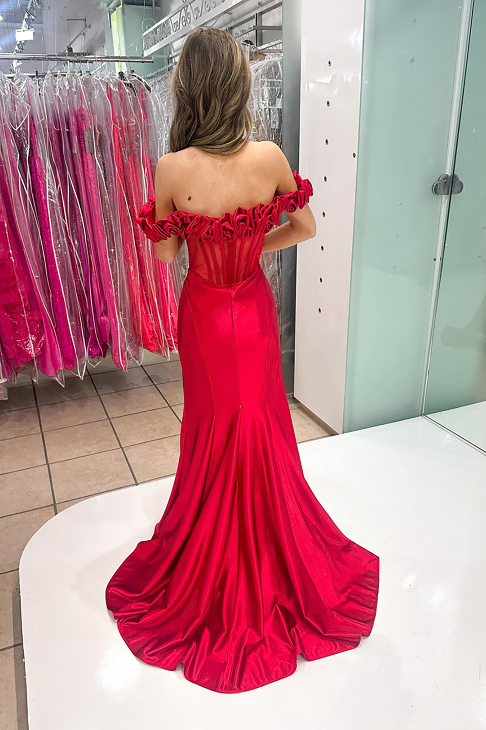 Floral Red Off the Shoulder Corset Mermaid Long Prom Dress with Slit