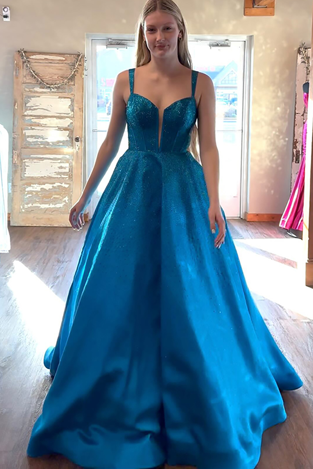 Sparkly Emerald Green Ball Gown Corset Long Prom Dress with Beading