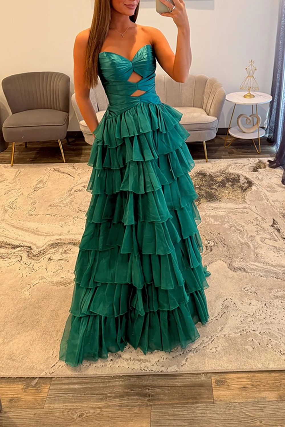 Fuchsia Sweetheart Ruffled Cut Out Long Prom Dress with Slit