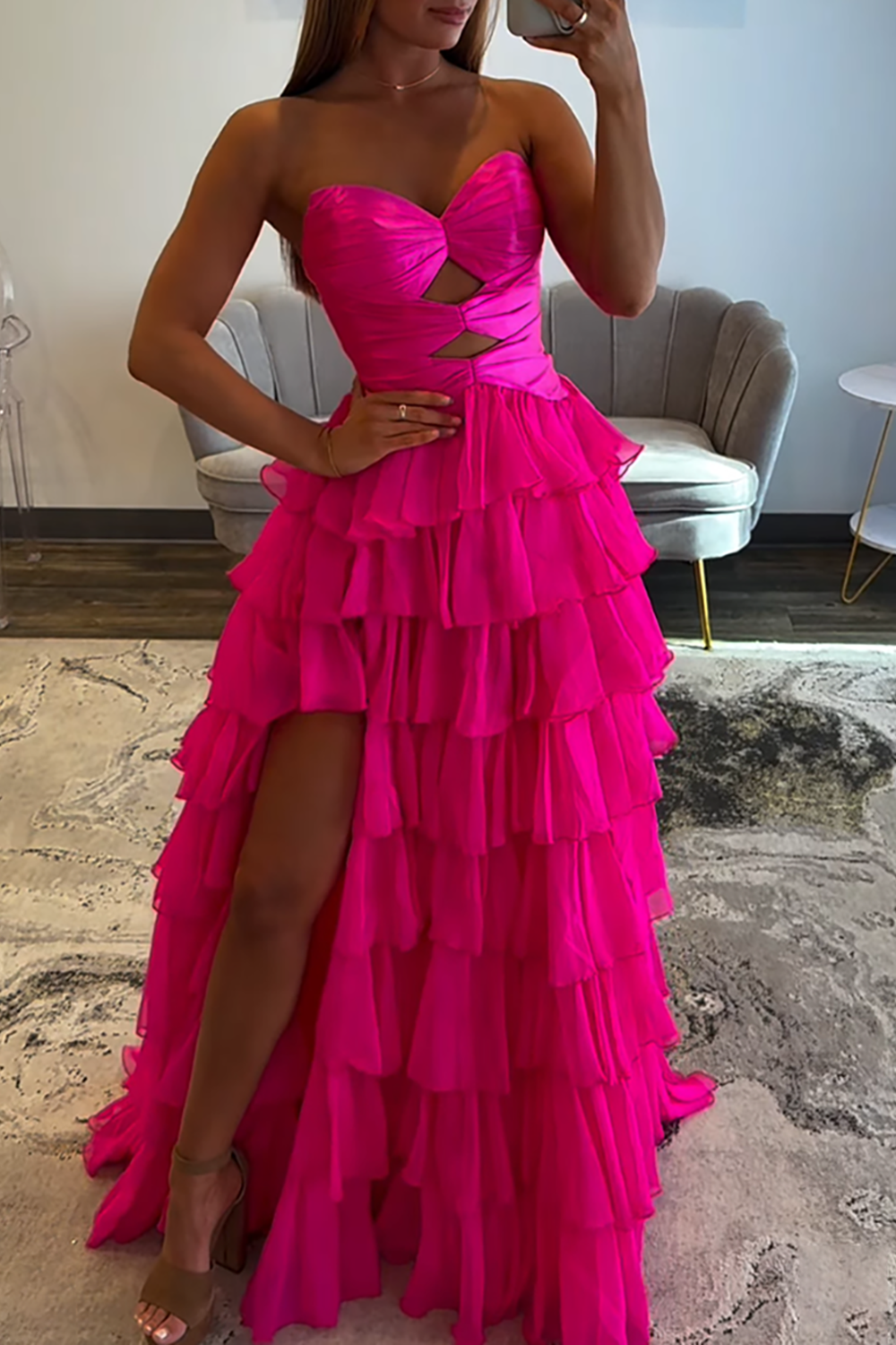 Fuchsia Sweetheart Ruffled Cut Out Long Prom Dress with Slit
