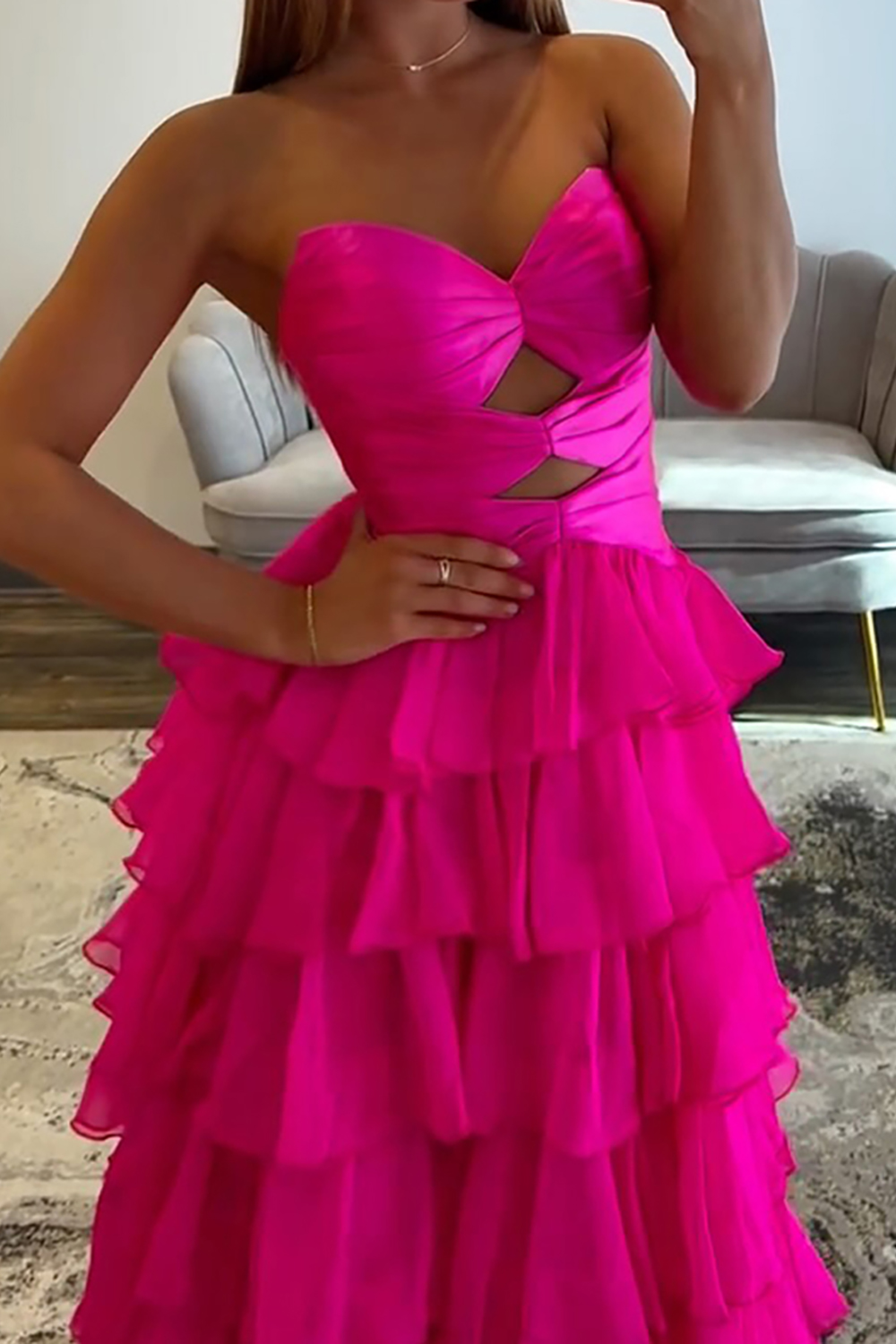 Fuchsia Sweetheart Ruffled Cut Out Long Prom Dress with Slit