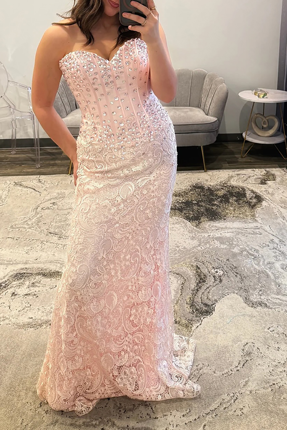 Sparkly Blush Mermaid Sweetheart Corset Lace Long Prom Dress