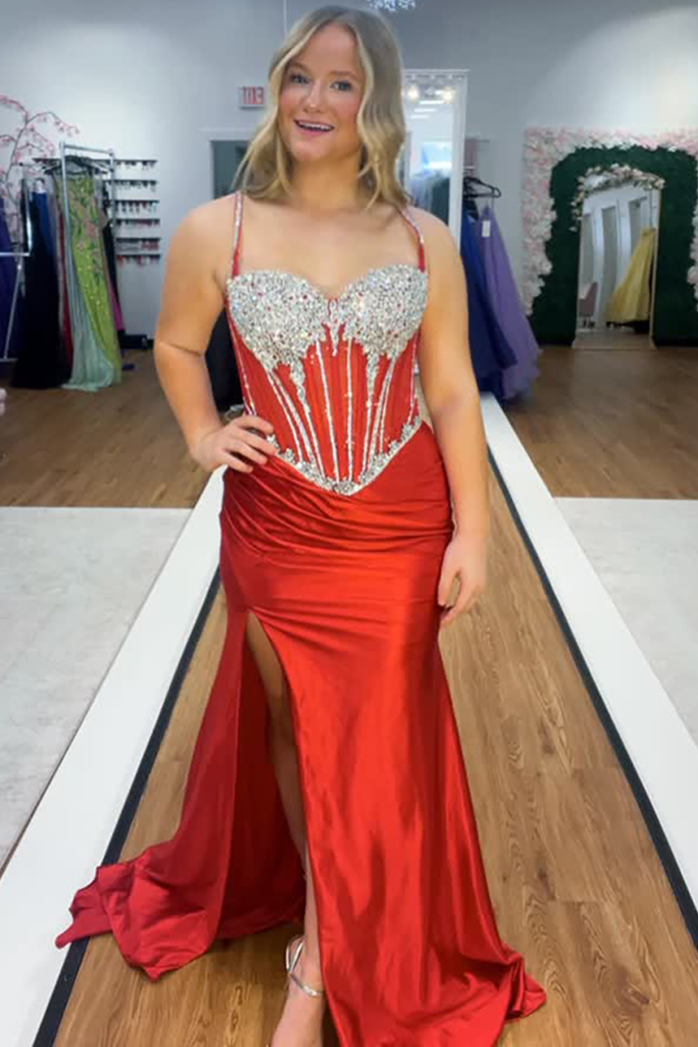 Sparkly Red Corset Mermaid Long Prom Dress with Slit