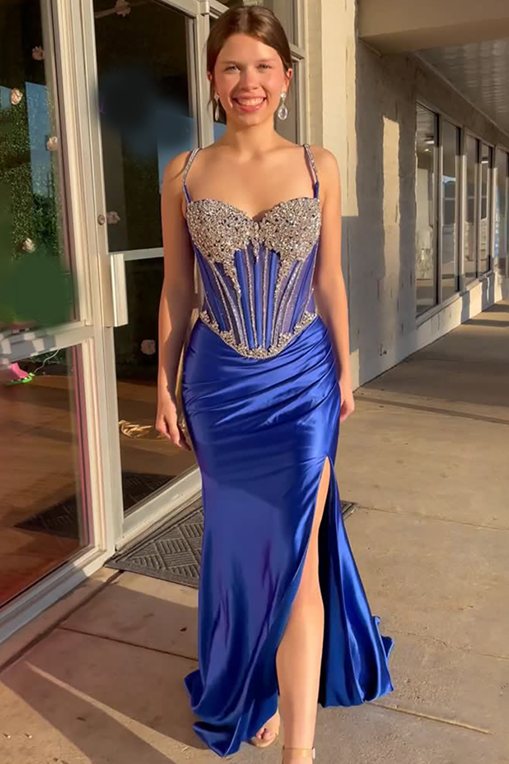 Sparkly Red Corset Mermaid Long Prom Dress with Slit