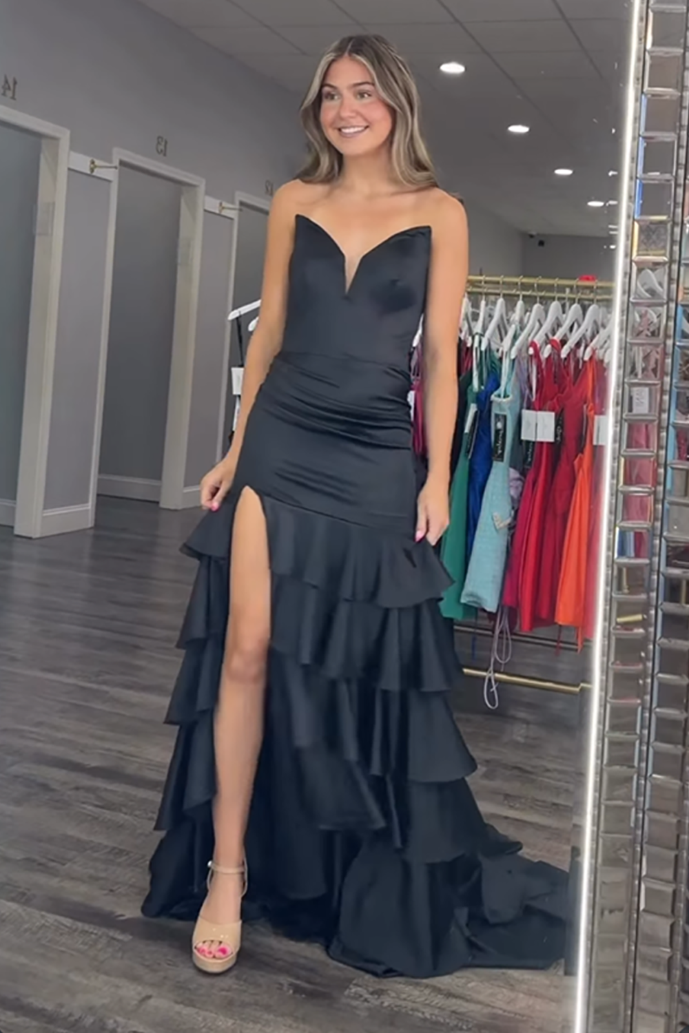 Strapless Black Ruffled Mermaid Long Prom Dress with Slit
