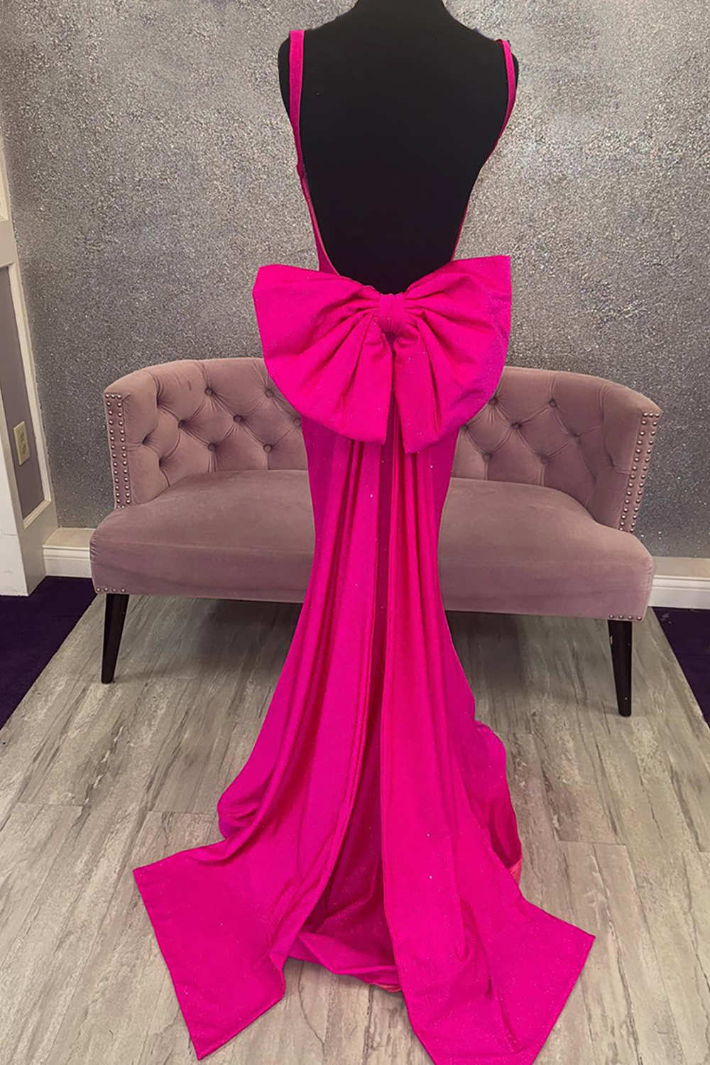 Glitter Corset Mermaid Fuchsia Square Neck Long Prom Dress with Bow