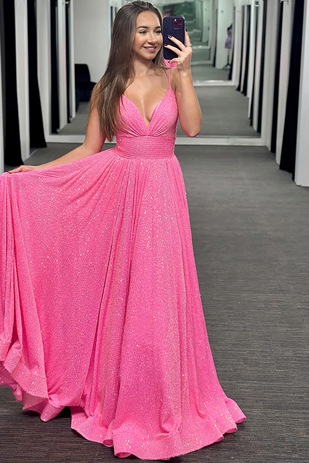 Sparkly V-Neck Pink Pleated Long Prom Dress with Beading