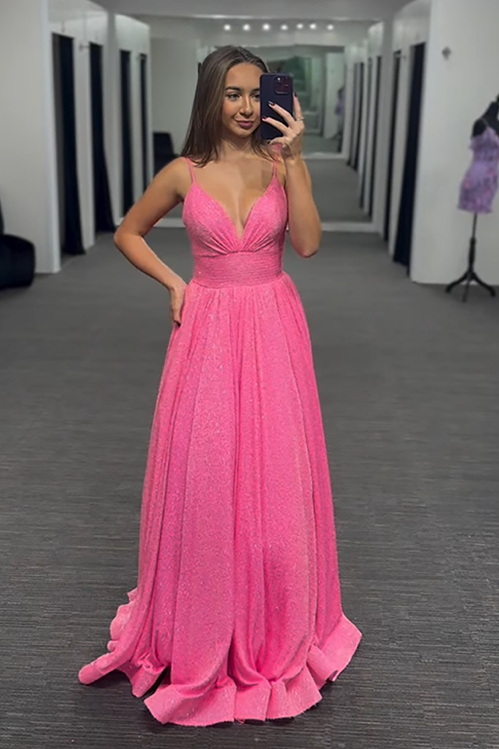 Sparkly V-Neck Pink Pleated Long Prom Dress with Beading