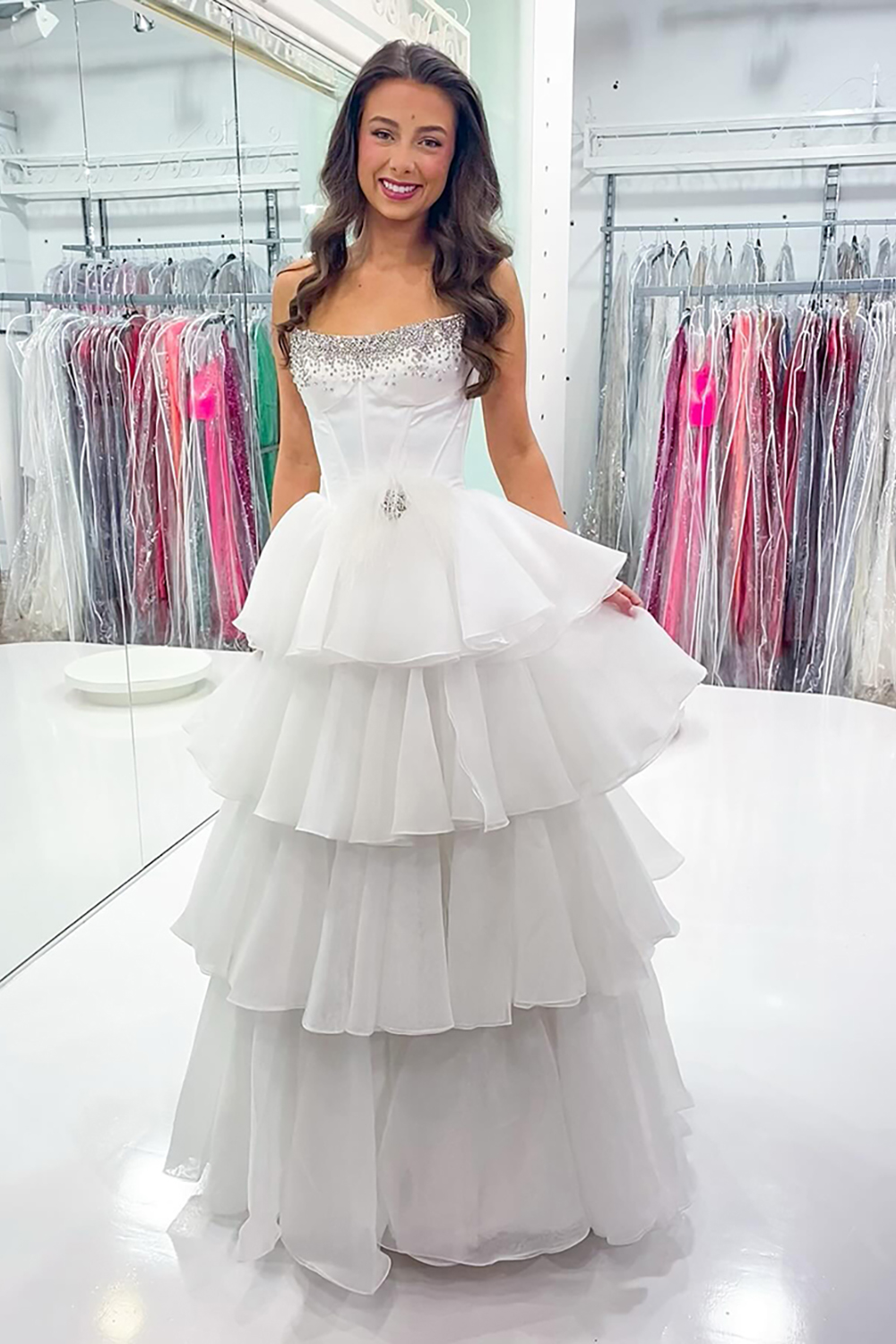 Sparkly White Ruffled Corset Strapless Long Prom Dress with Beading