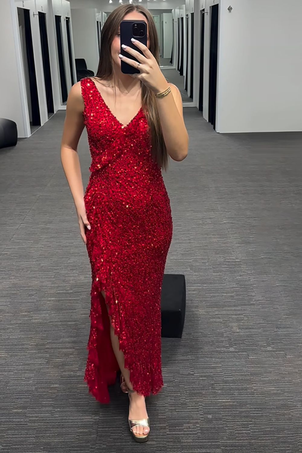 Sparkly Red V-Neck Sequins Mermaid Long Prom Dress with Slit