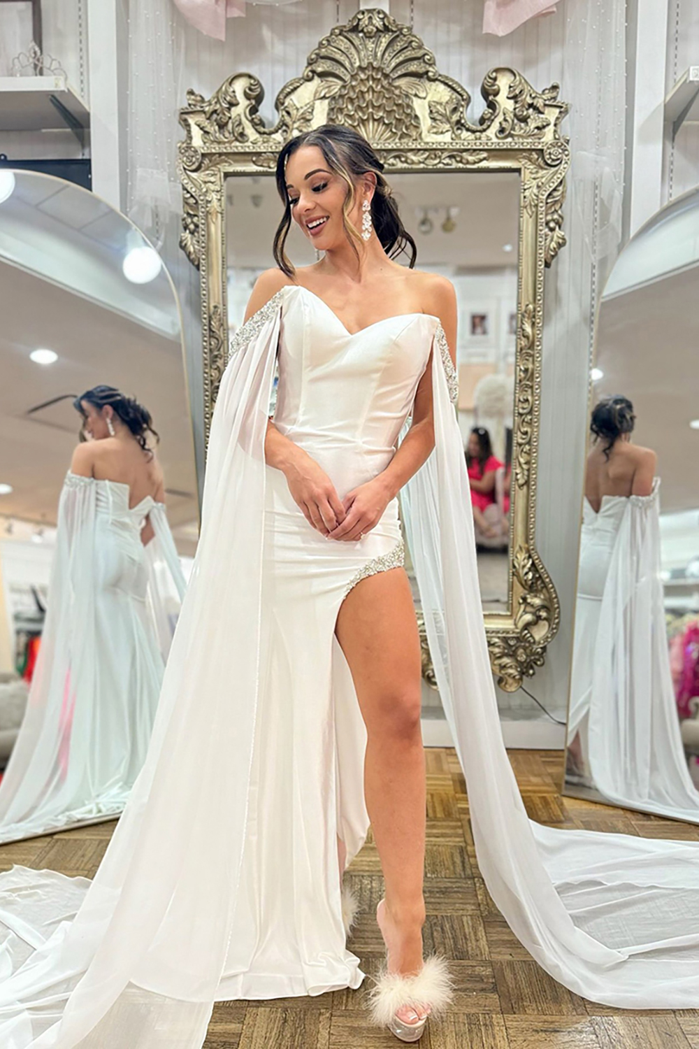 Sparkly White Sweetheart Corset Mermaid Long Prom Dress with Side Cape