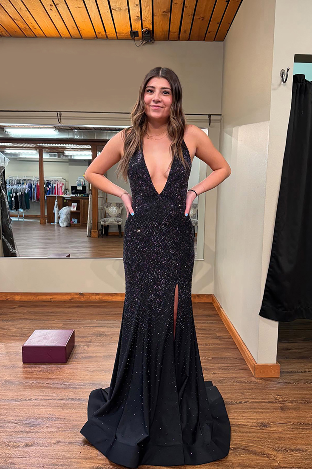 Sparkly Black Beaded Deep V-Neck Long Prom Dress with Slit