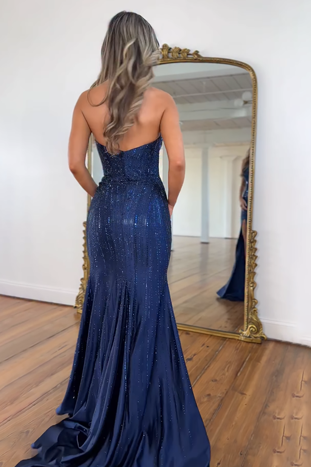 Sparkly Sweetheart Navy Beaded Mermaid Long Prom Dress with Slit