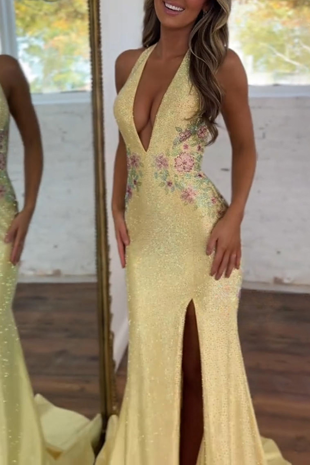 Sparkly Floral Light Blue Satin Halter Mermaid Long Prom Dress with Beading