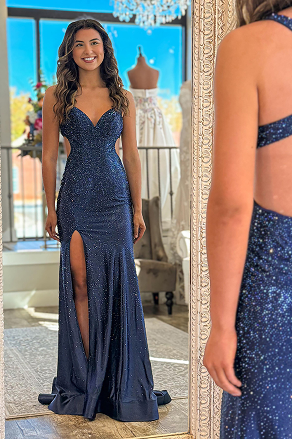 Sparkly Navy Mermaid Beaded Long Prom Dress with Slit