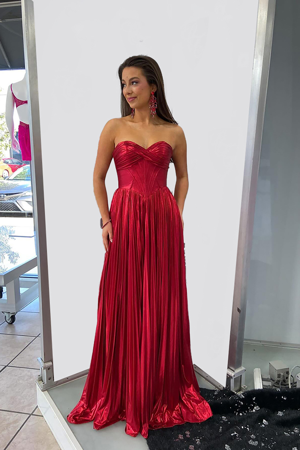 Red Corset Sweetheart Metallic Pleated Long Prom Dress