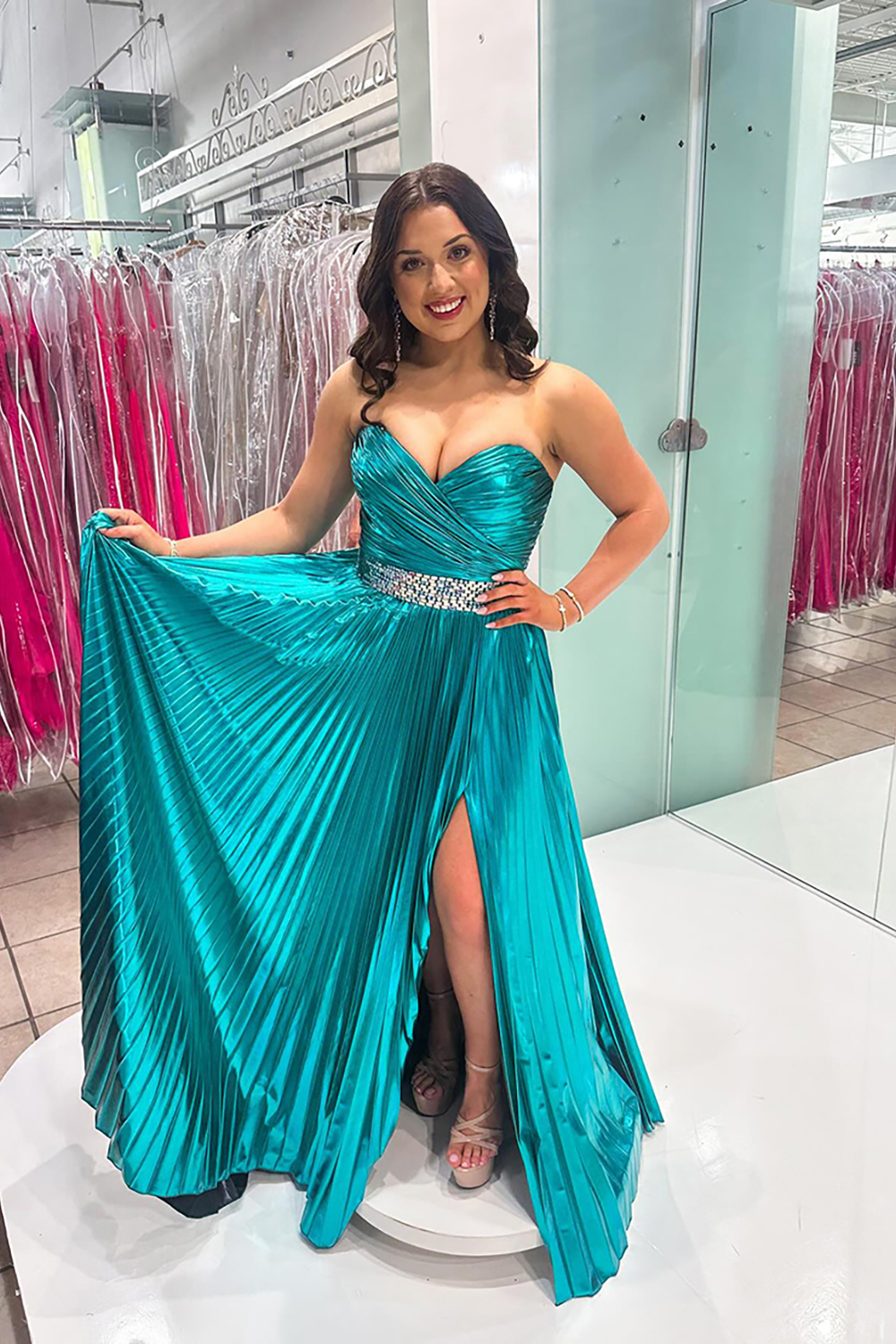 Sparkly Metallic Peacock Green Sweetheart Long Prom Dress with Slit