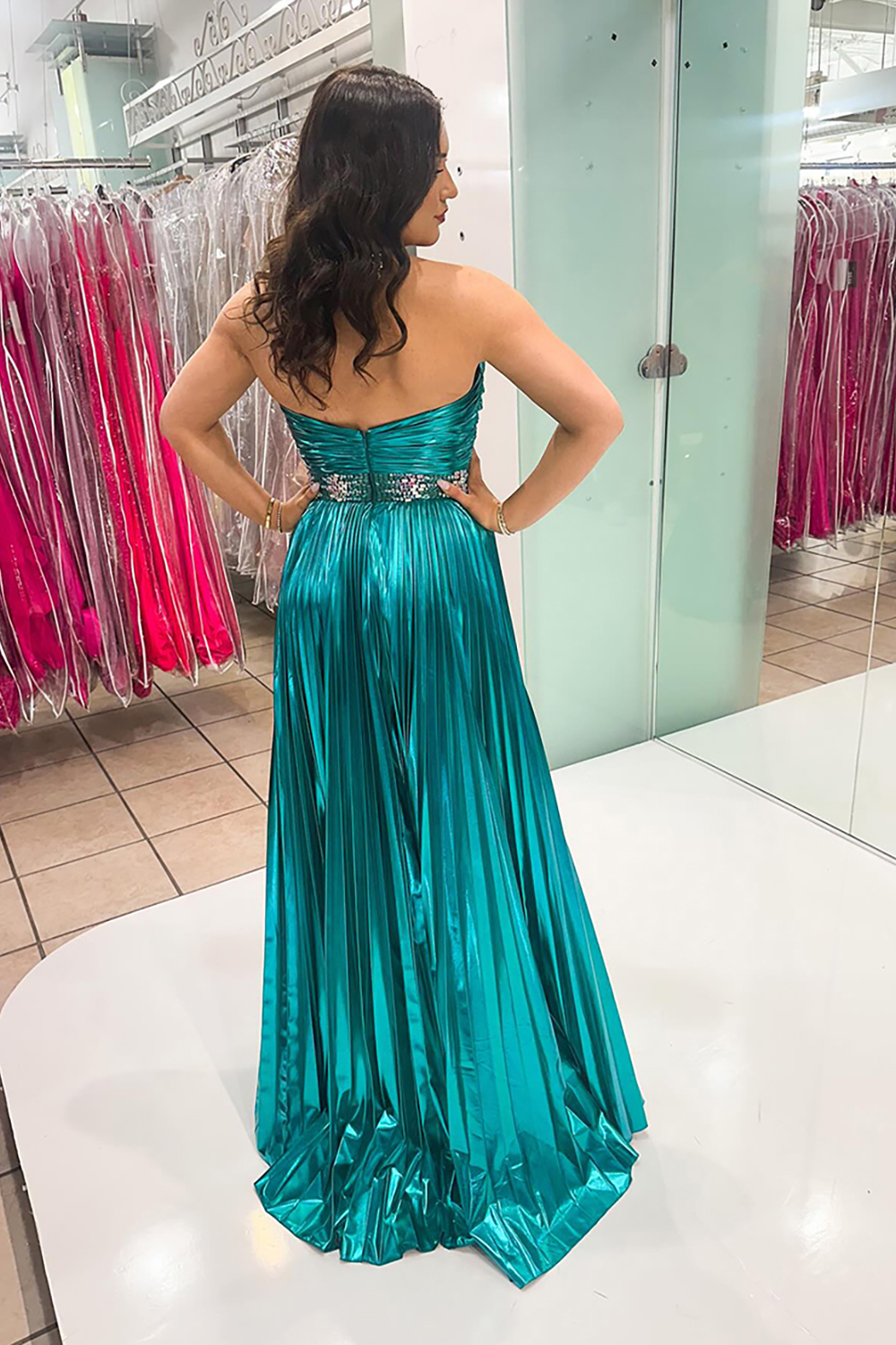 Sparkly Metallic Peacock Green Sweetheart Long Prom Dress with Slit