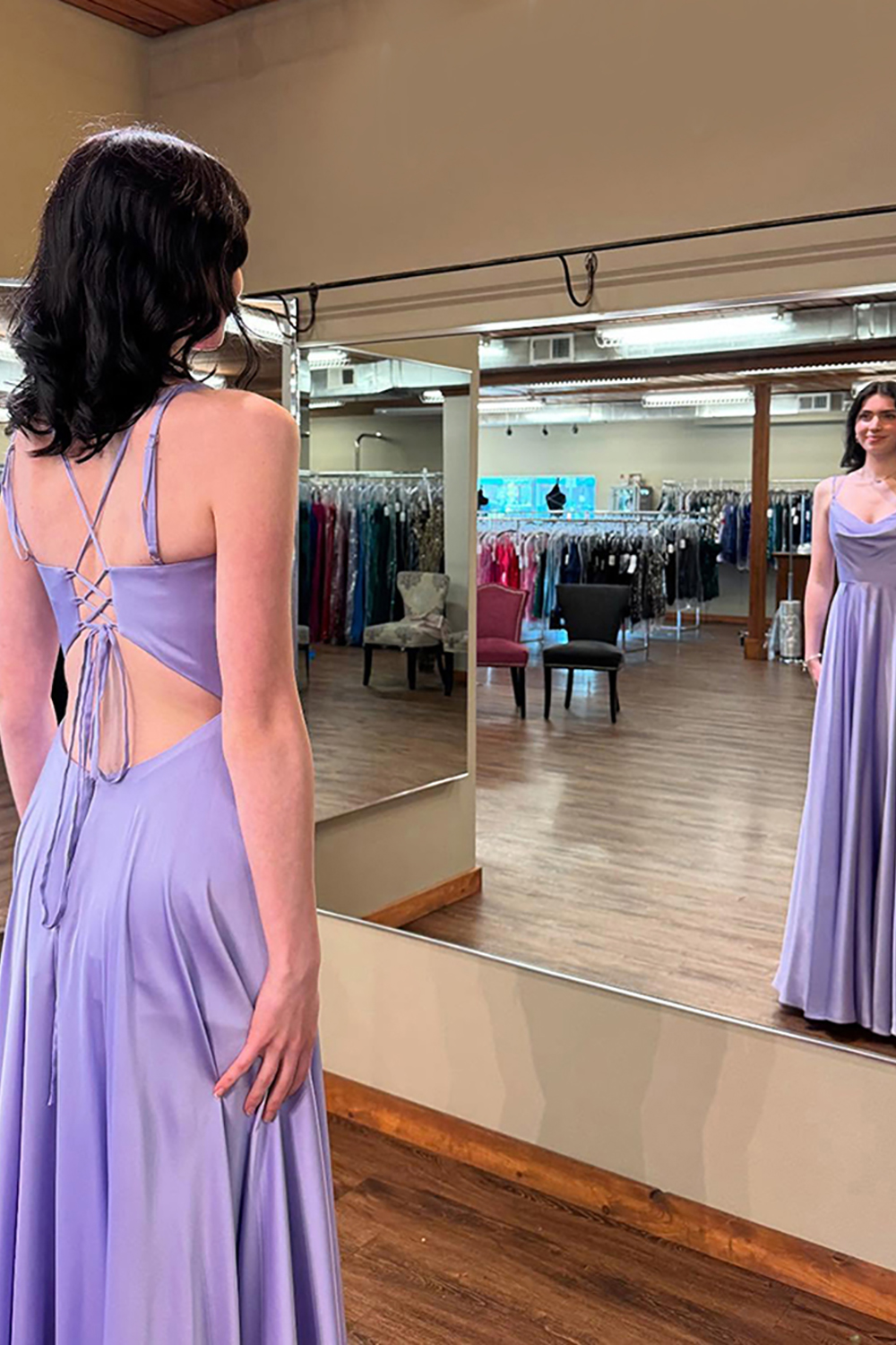 Lilac Satin Ruffled Spaghetti Straps A Line Long Prom Dress