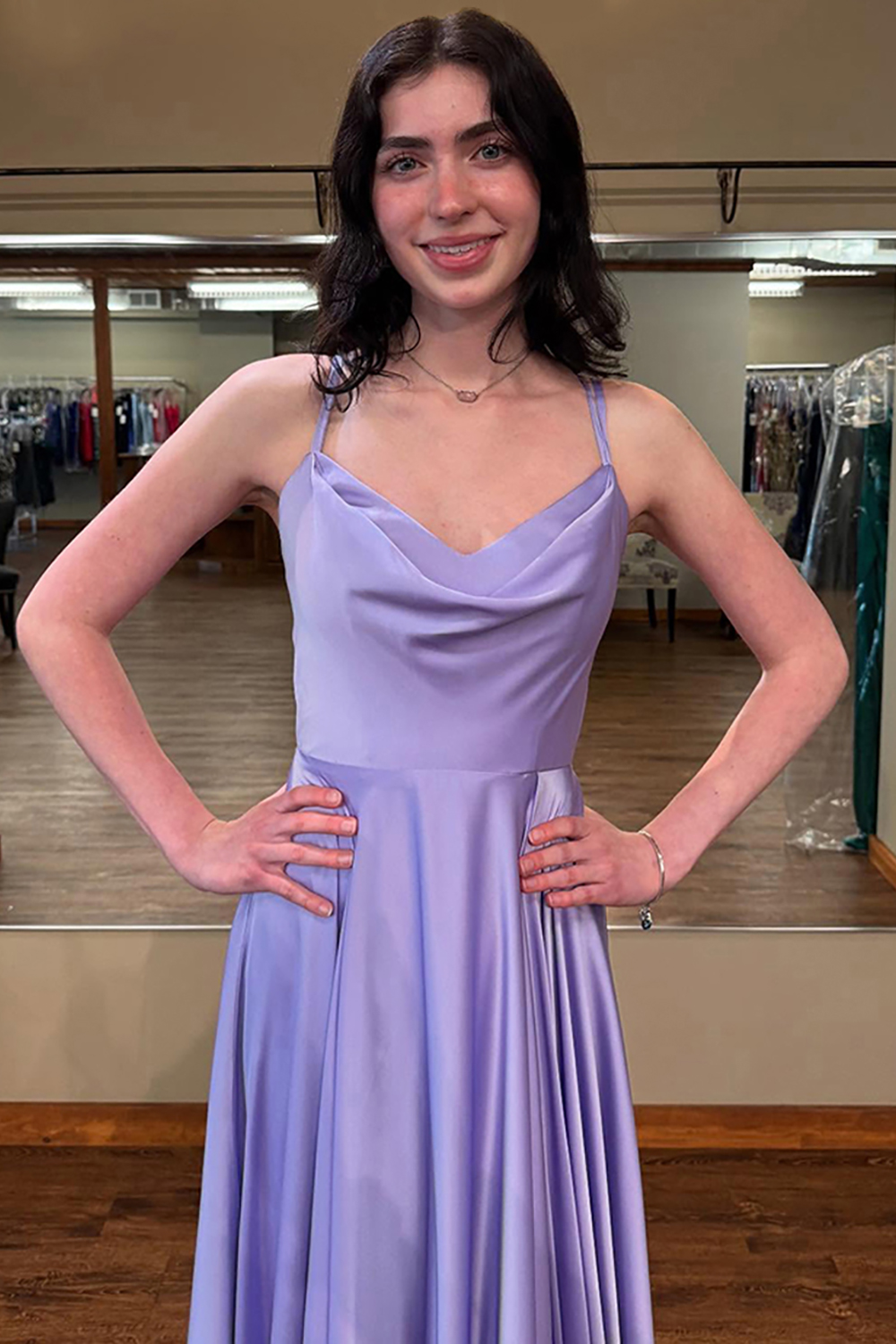 Lilac Satin Ruffled Spaghetti Straps A Line Long Prom Dress