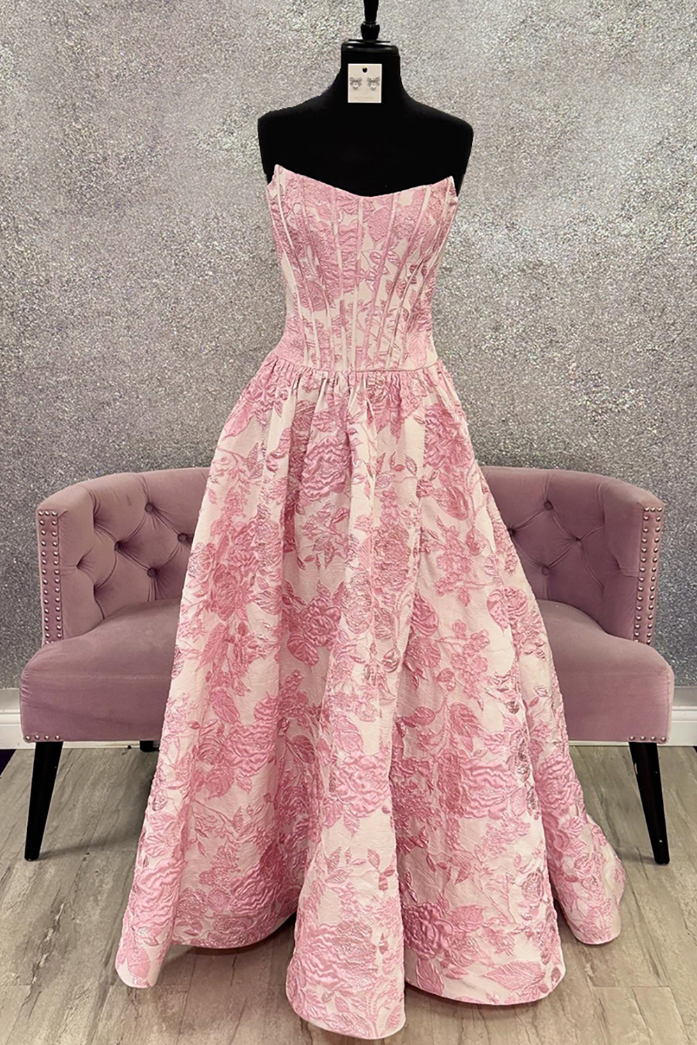 Pink Flower Corset Strapless Jacquard A Line Long Prom Dress