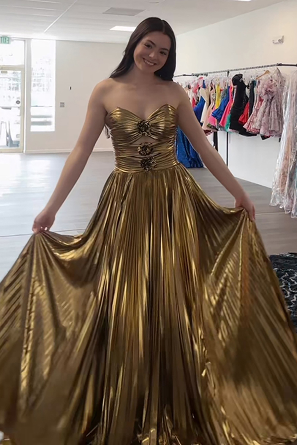 Gold Metallic Ball Gown Cut Out Sweetheart Long Prom Dress
