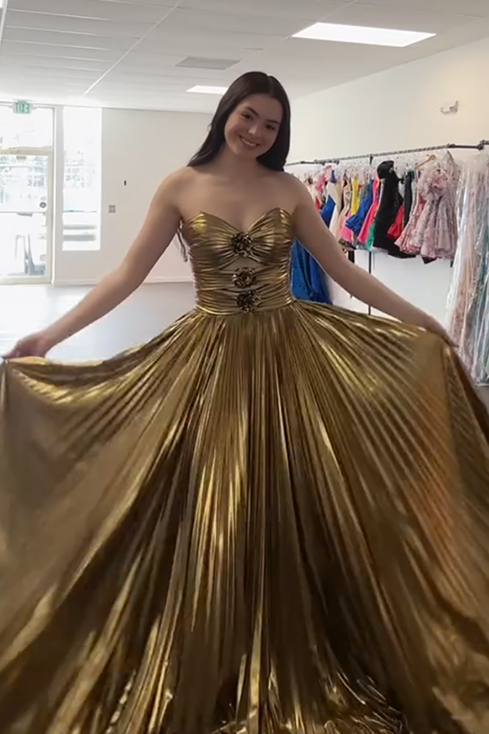 Gold Metallic Ball Gown Cut Out Sweetheart Long Prom Dress