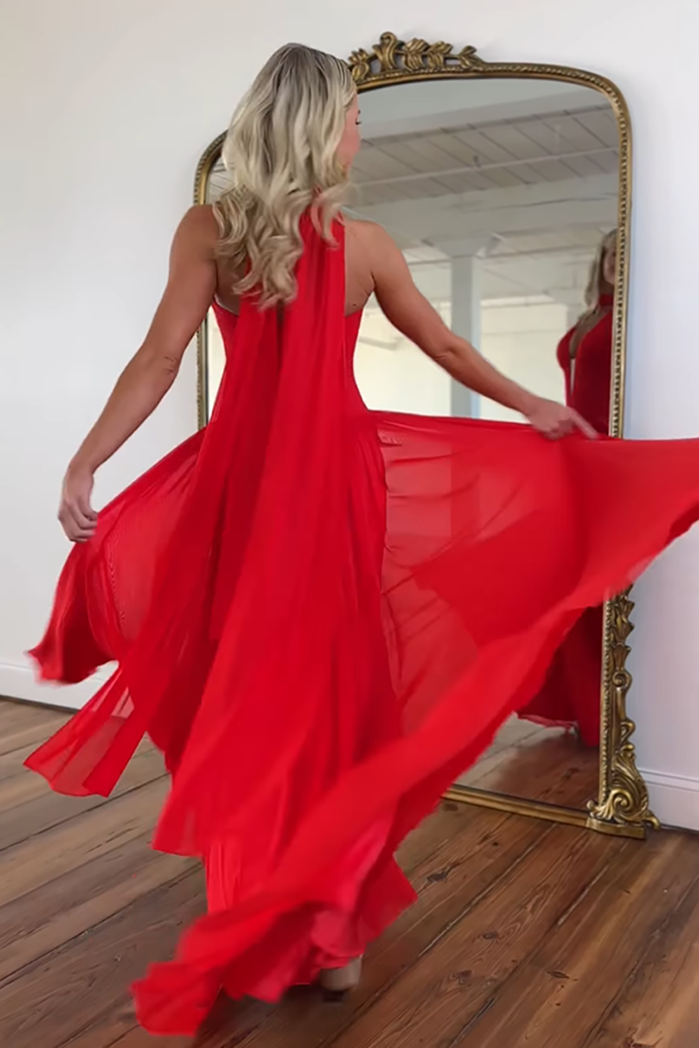 Red V-Neck A Line Pleated Long Prom Dress with Slit