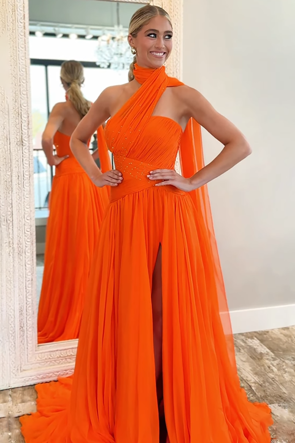 Sparkly Beaded Orange Strapless A Line Long Prom Dress with Slit