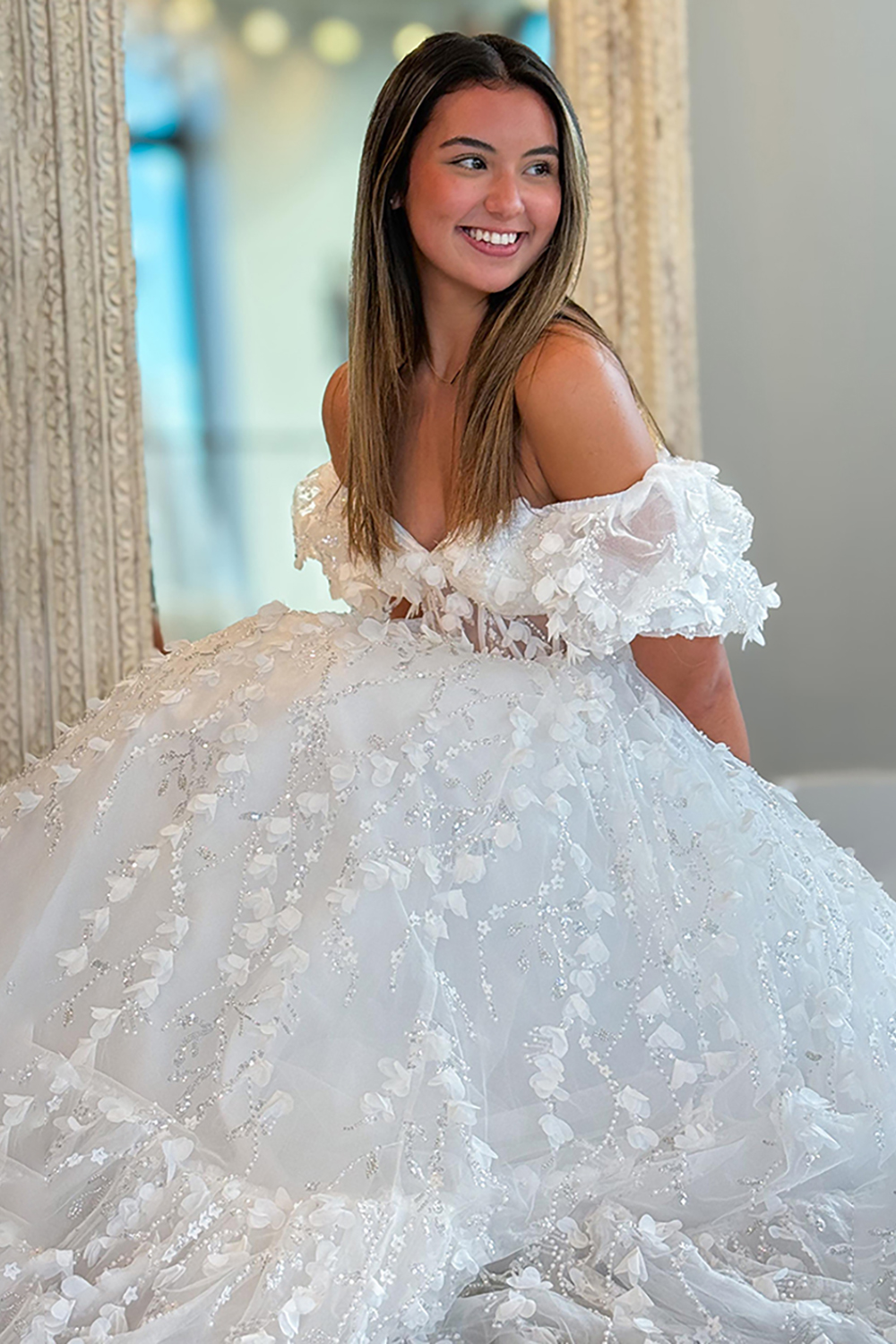 Floral White Off the Shoulder Corset Long Prom Dress