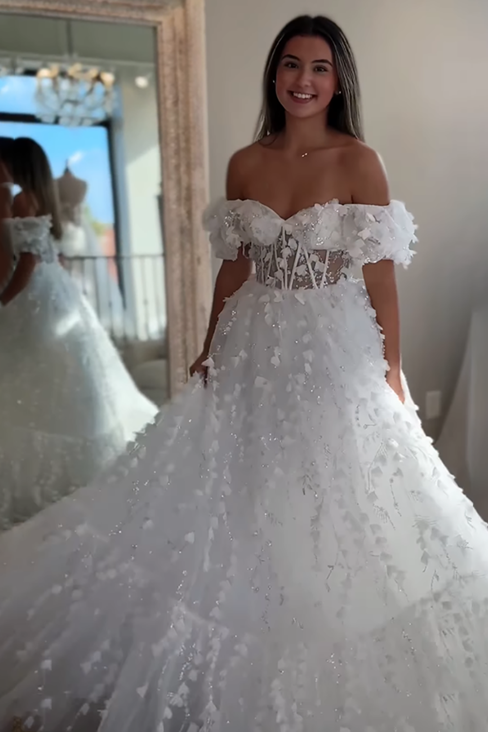 Floral White Off the Shoulder Corset Long Prom Dress