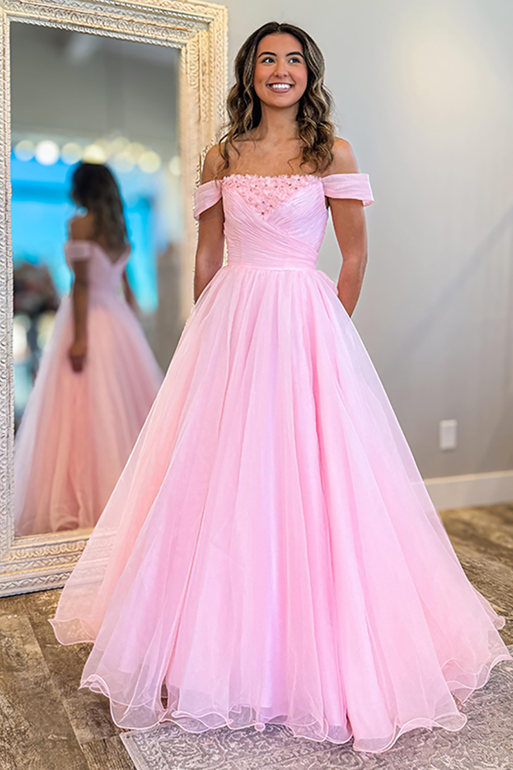 Sparkly Off the Shoulder Pink Pleated Ball Gown Long Prom Dress