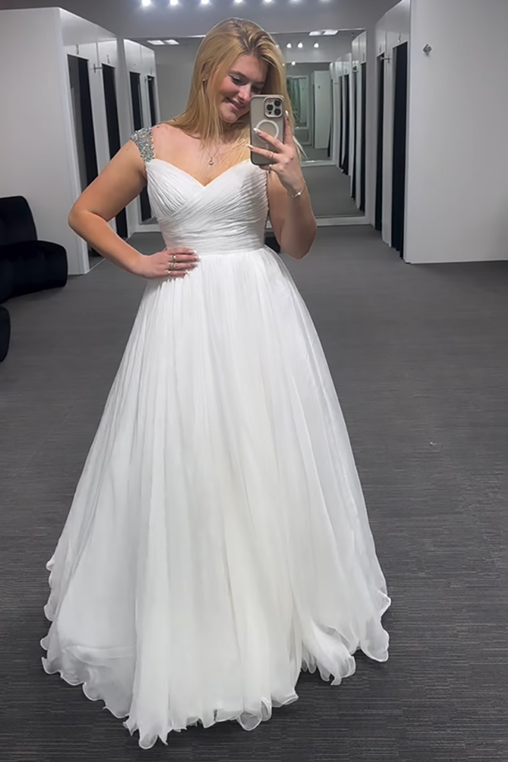 White Pleated Ruffled A Line Thick Straps Long Prom Dress