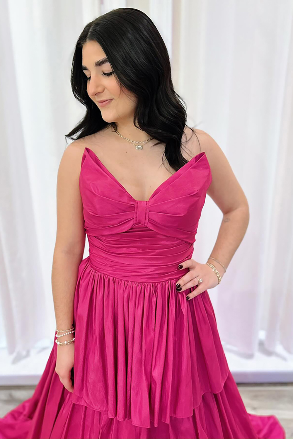 Fuchsia Strapless Tiered A Line Long Prom Dress with Bow